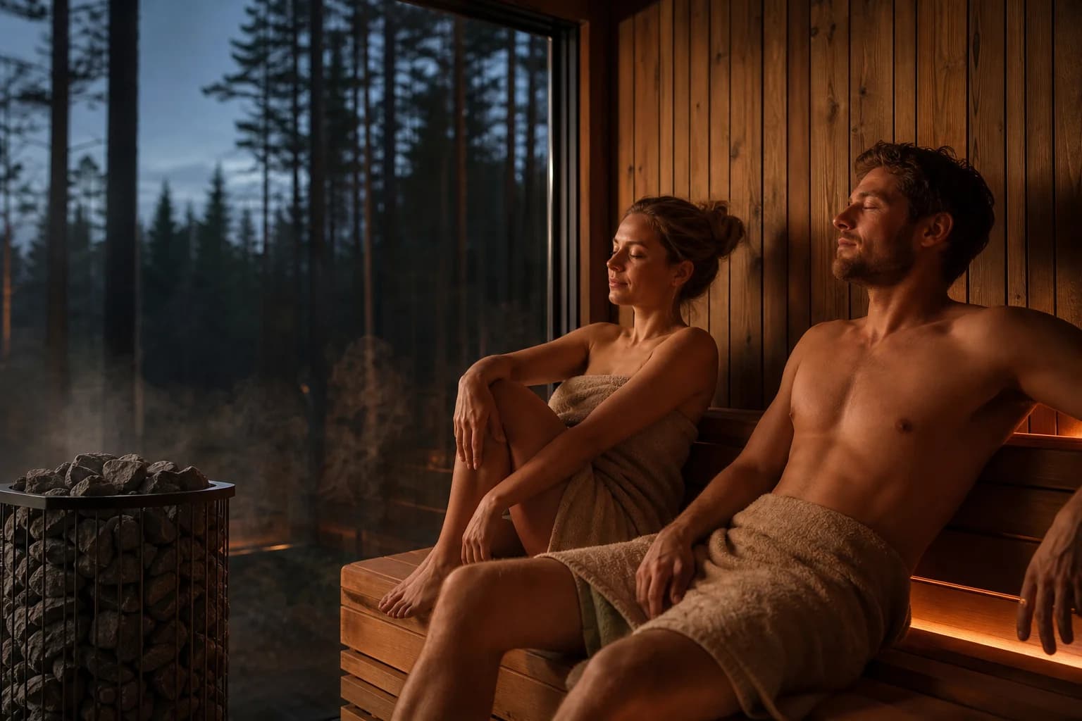 Two people resting quietly in a warm sauna