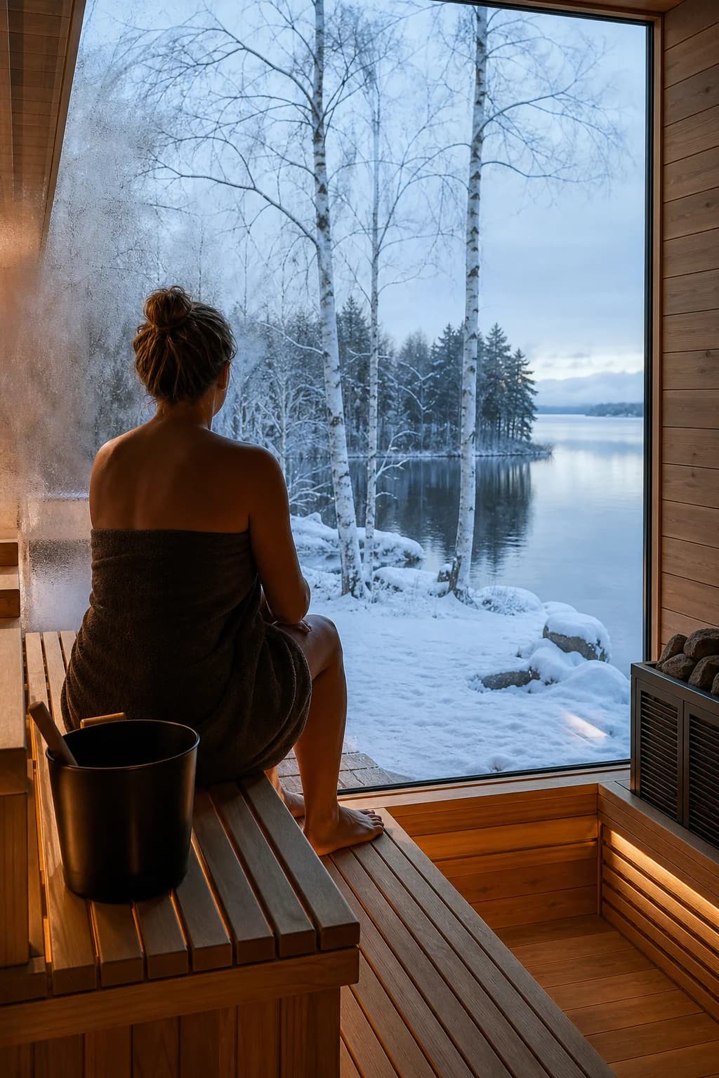 Looking out through sauna glazing to a winter lake
