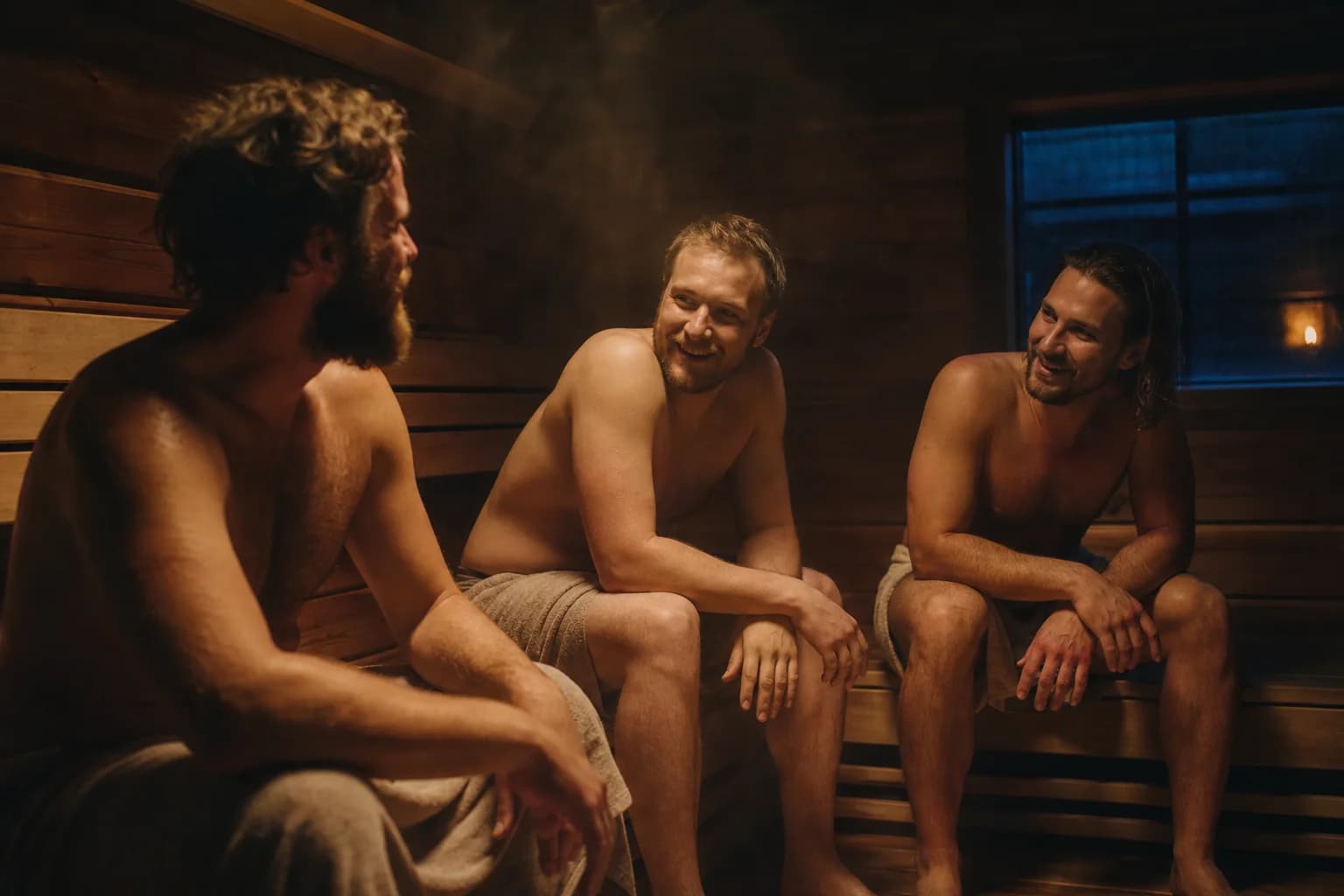 Friends sharing a quiet sauna