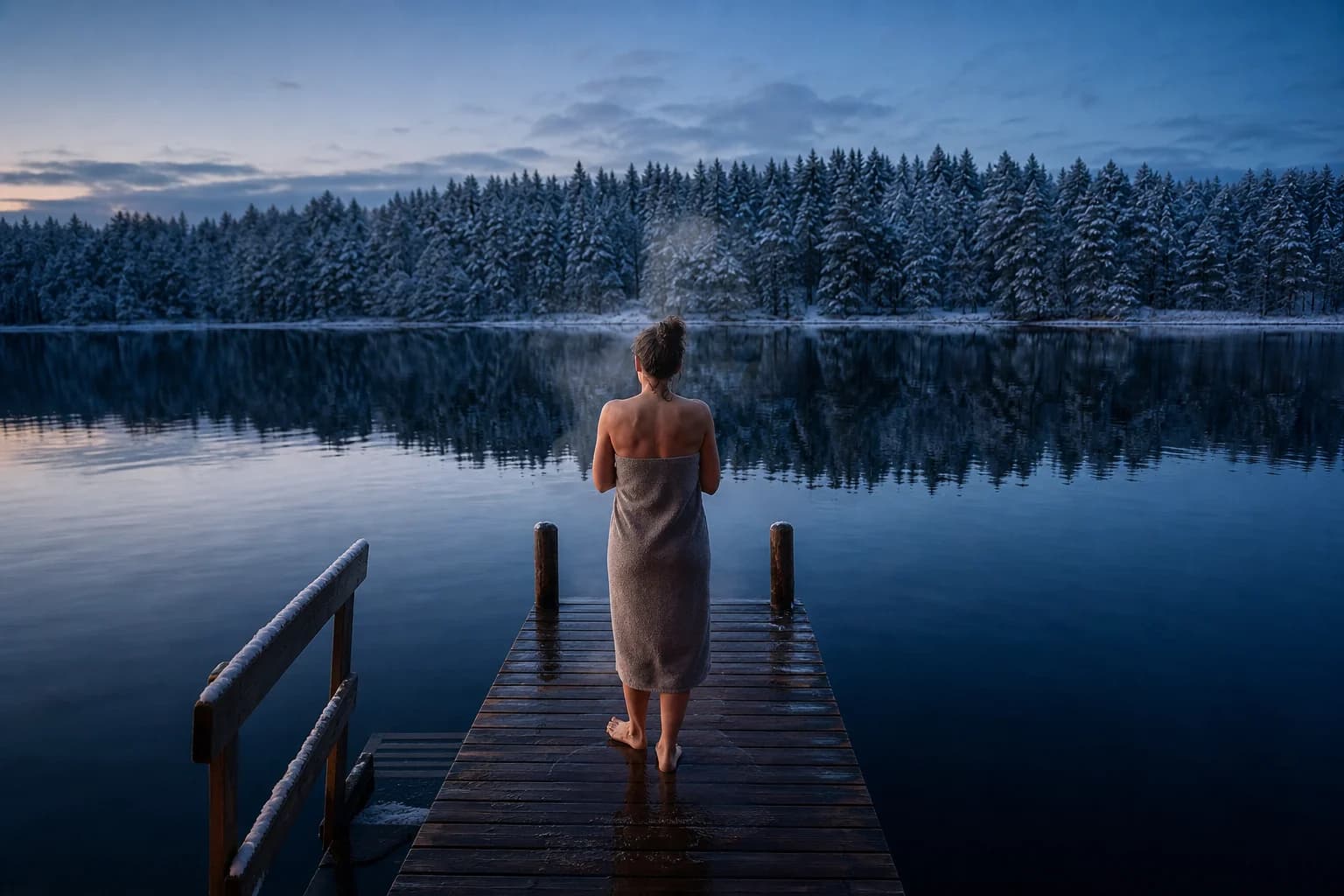 Stepping out onto a lakeside jetty after sauna