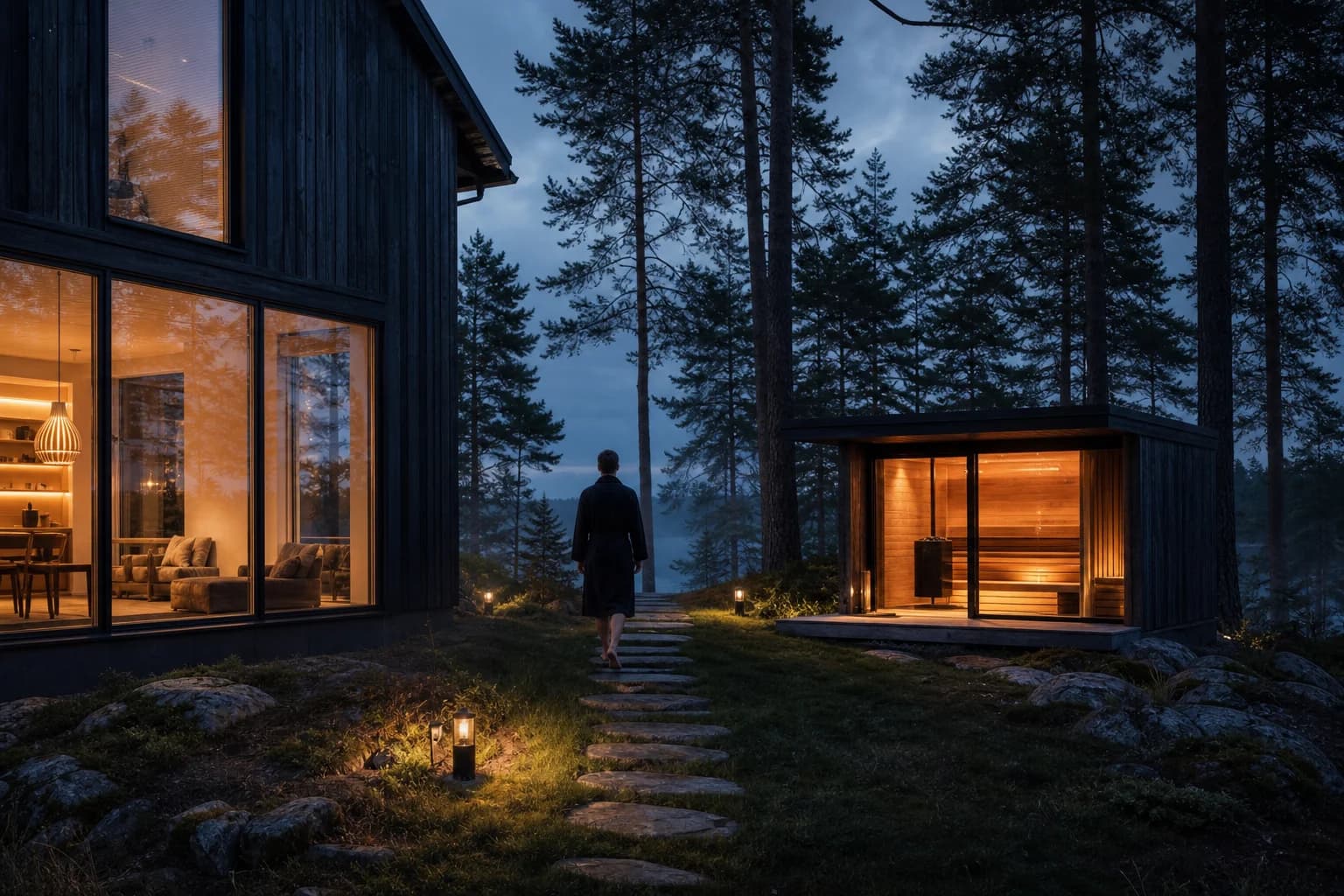 A modern outdoor sauna glowing at dusk beside a Nordic home