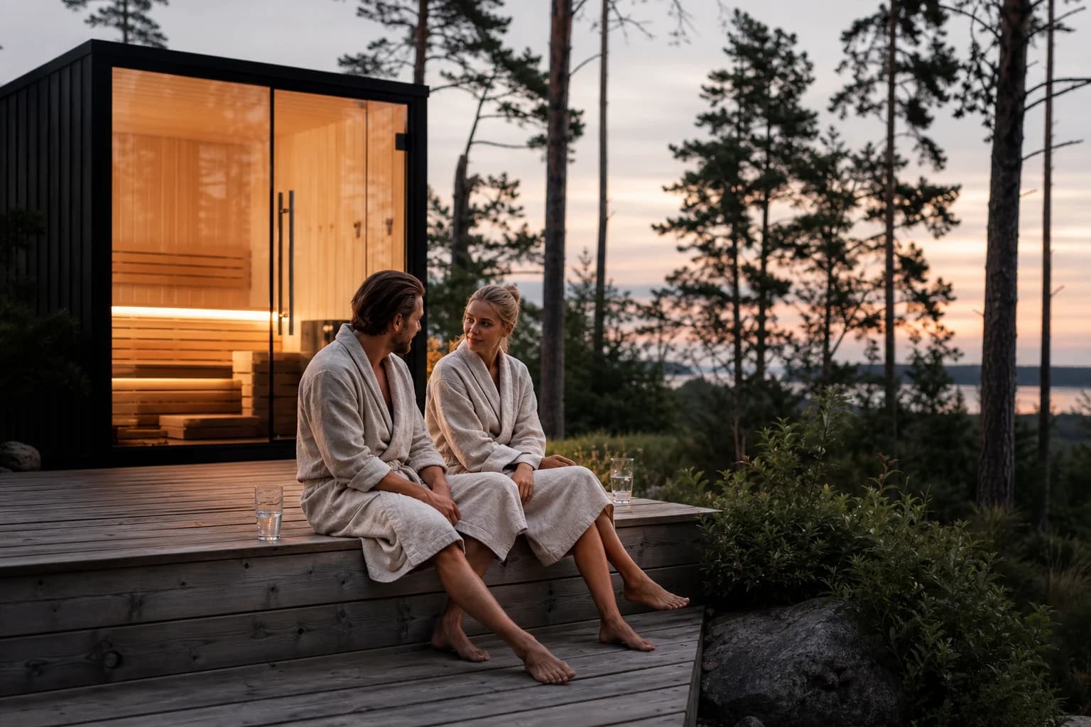 A couple resting outside a glowing sauna at dusk