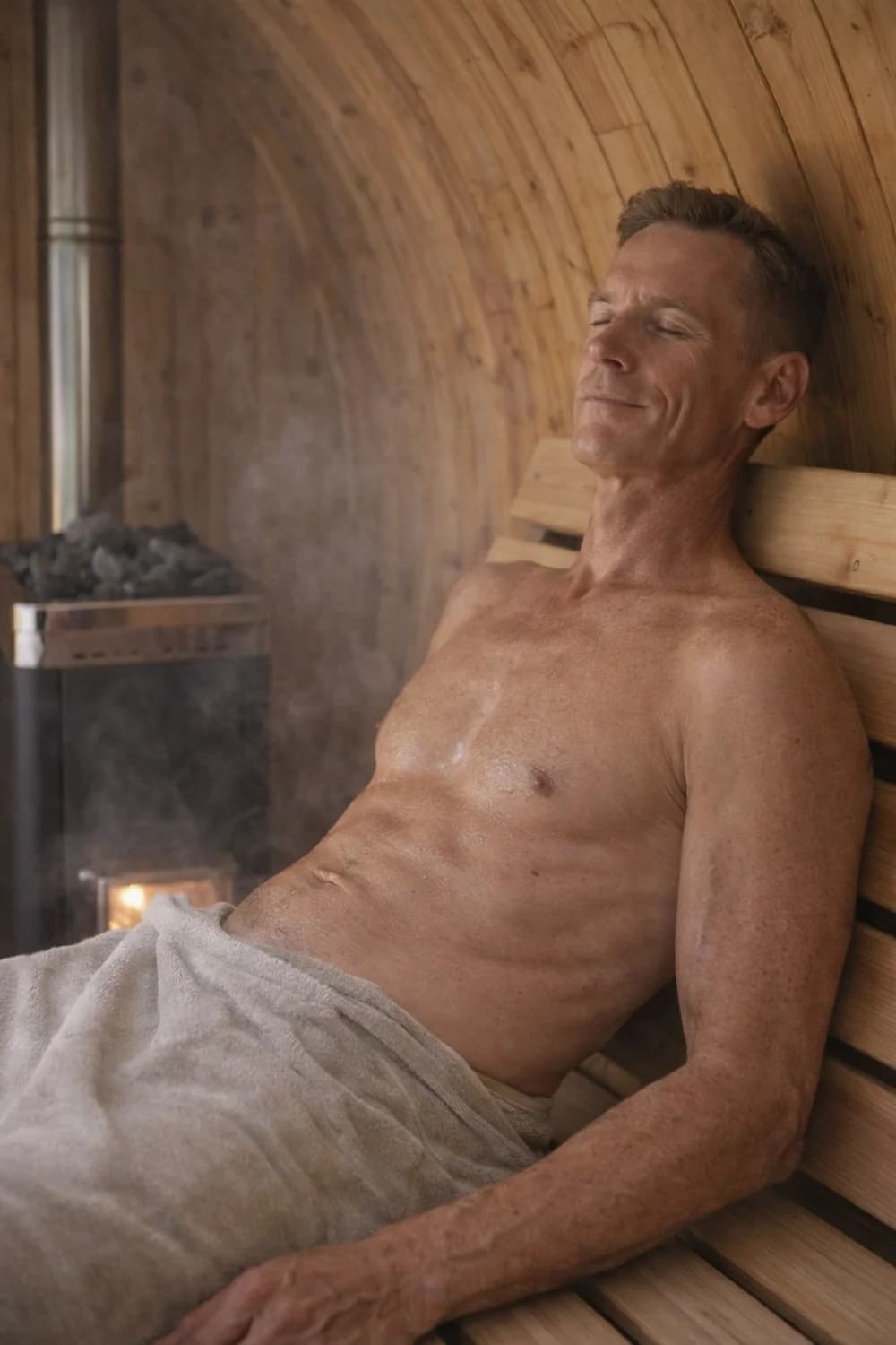 Petri, founder of RecoSauna, resting in the heat of a wood-fired sauna