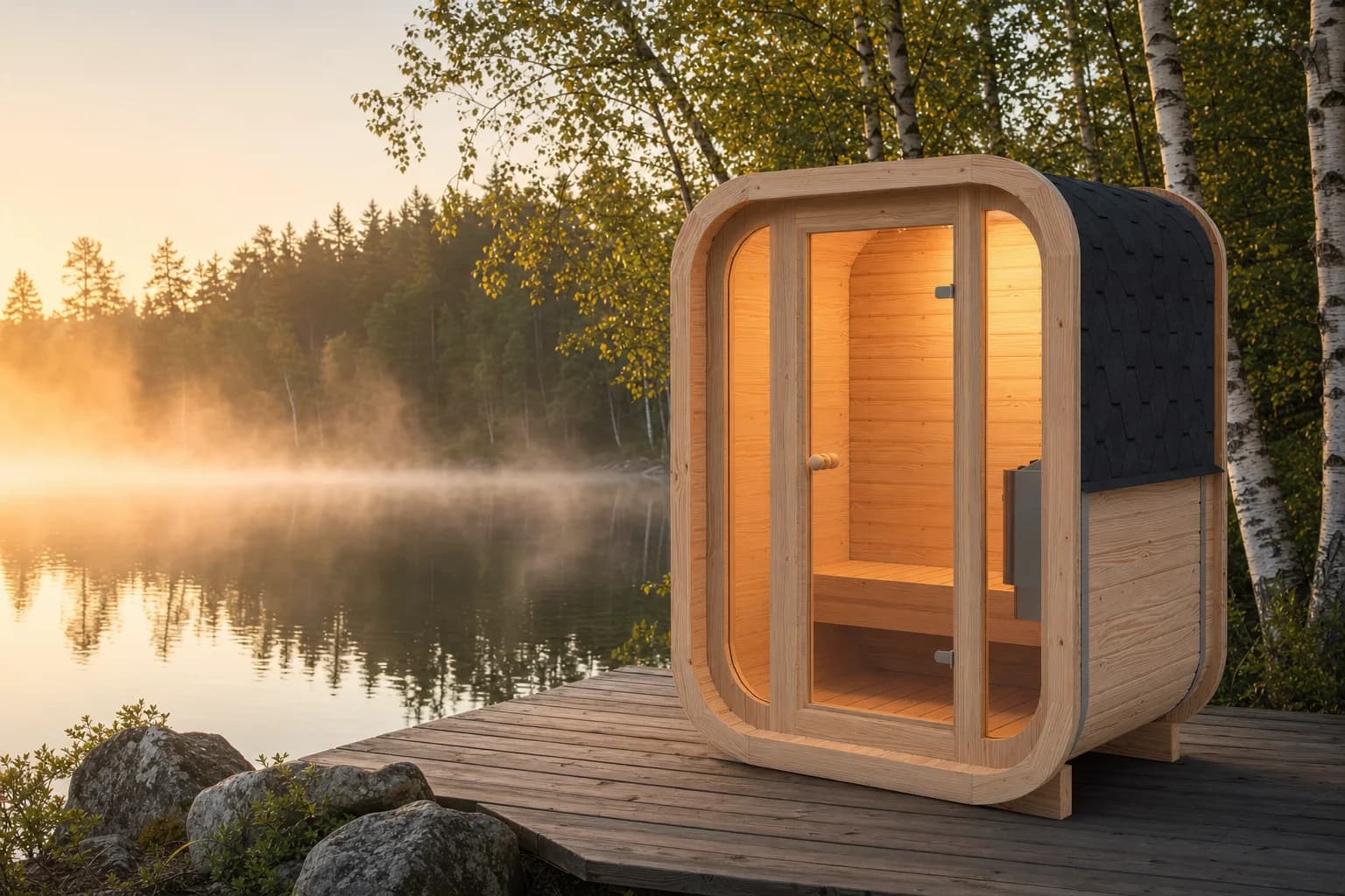 RecoSauna Mini Square Sauna on a lakeside deck