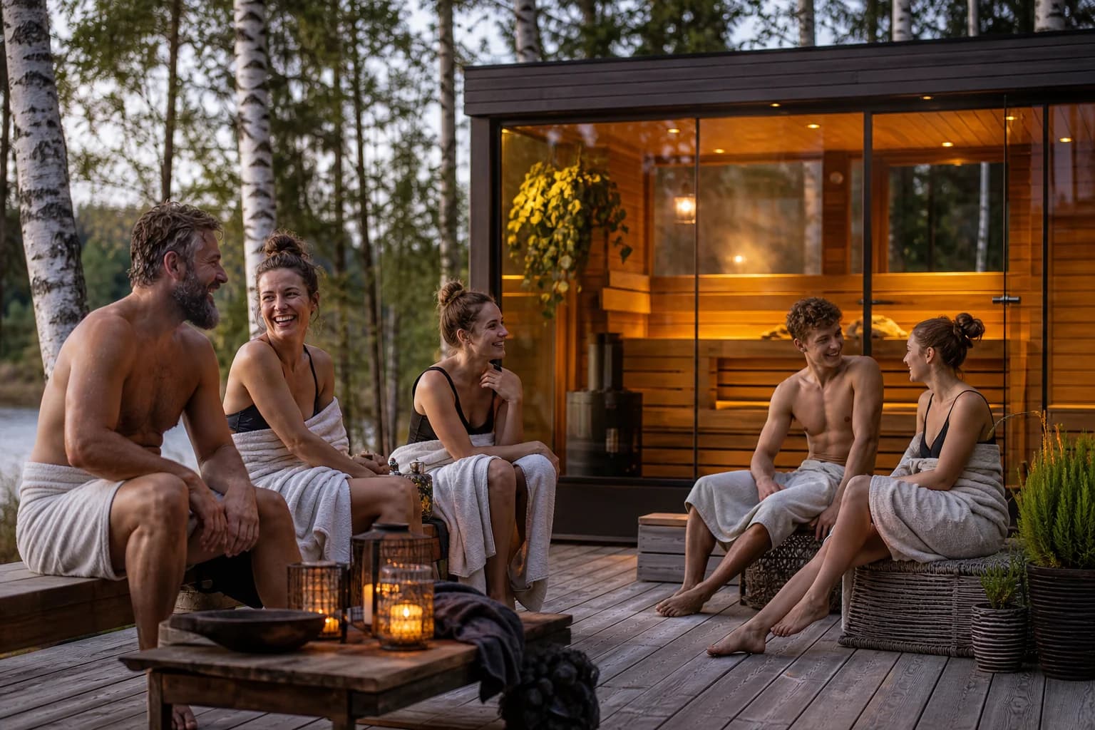 Friends and family enjoying a RecoSauna outdoor sauna together