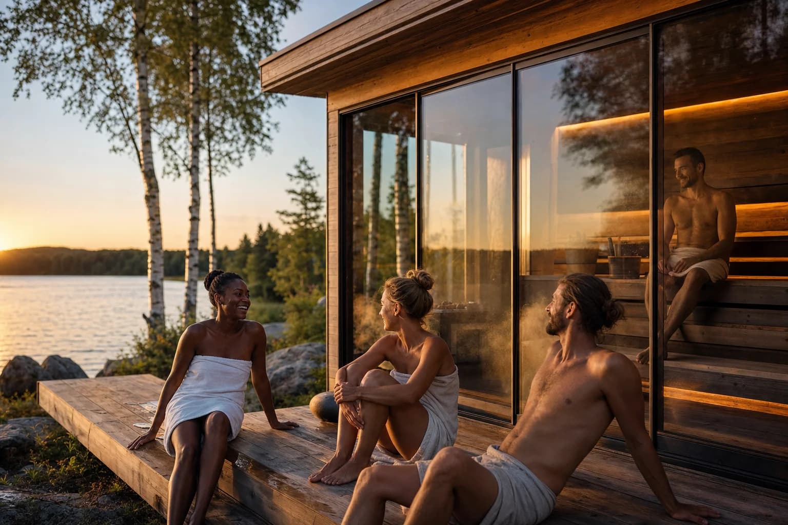 RecoSauna Lumi outdoor sauna among pines at dusk