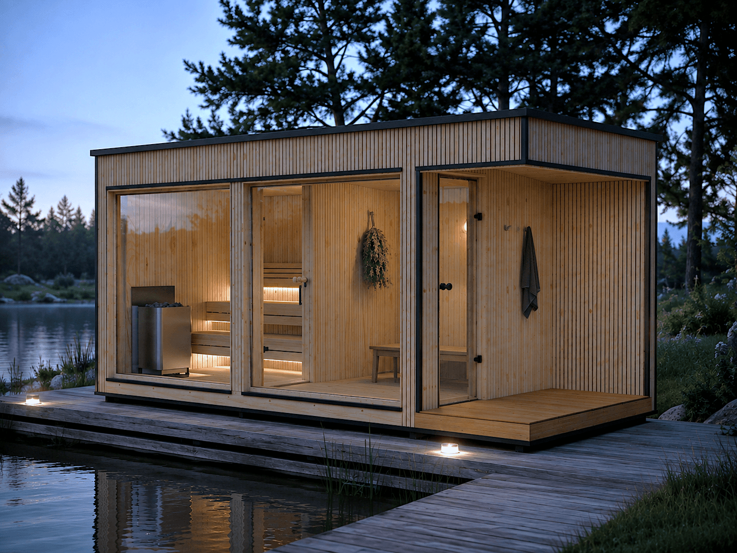 RecoSauna Lumi Terrace Luxury Modern Sauna 2.3 × 5.4 m - Pinewood, interior